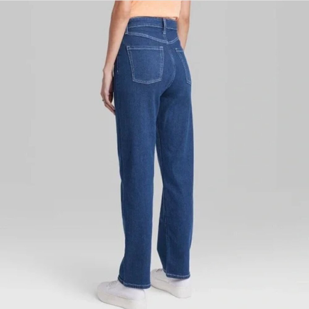 NWT Women's Super-High Rise Contrast Stitch Straight Jeans-Wild Fable-Dark Blue - Picture 2 of 3